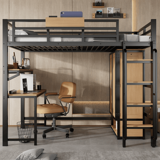 Cama alta,cama de criança de metal 90x200cm,preto+natural