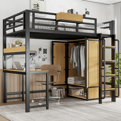 Cama alta,cama de criança de metal 90x200cm,preto+natural