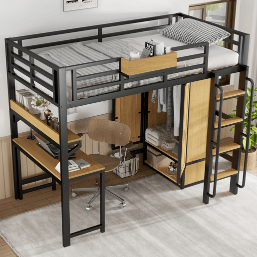 Cama alta,cama de criança de metal 90x200cm,preto+natural
