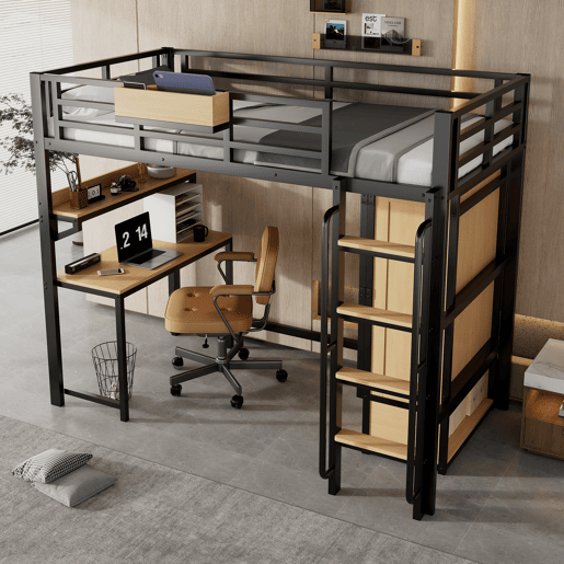 Cama alta,cama de criança de metal 90x200cm,preto+natural
