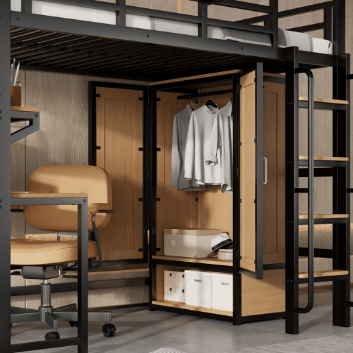 Cama alta,cama de criança de metal 90x200cm,preto+natural