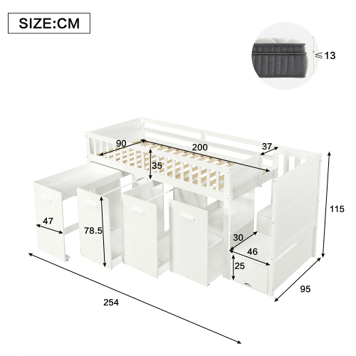 Cama alta,cama de criança de madeira de pinho 90x200cm,branco