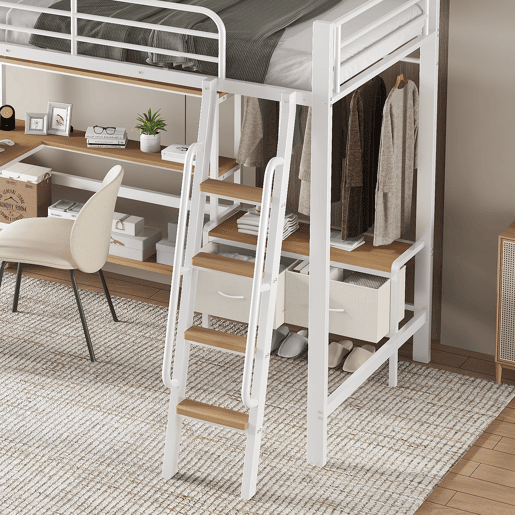 Cama alta,cama de criança de metal 90x200cm,branco+natural