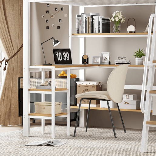 Cama alta,cama de criança de metal 90x200cm,branco+natural