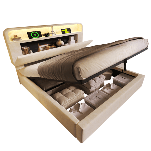 Cama com armazenamento,cama de casal de veludo 140x190cm com luz led,bege
