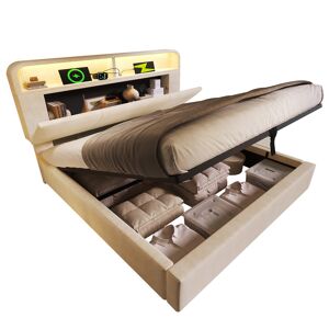Cama com armazenamento,cama de casal de veludo 140x190cm com luz led,bege