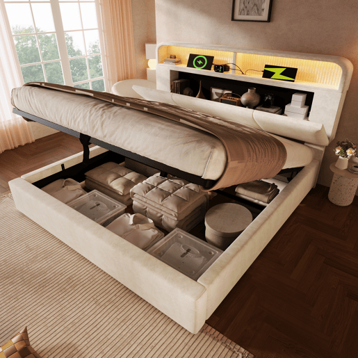 Cama com armazenamento,cama de casal de veludo 140x190cm com luz led,bege