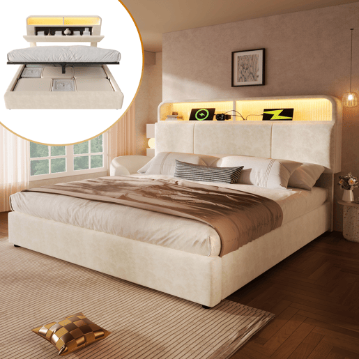 Cama com armazenamento,cama de casal de veludo 140x190cm com luz led,bege