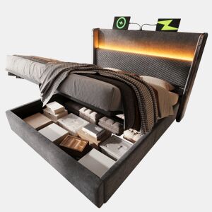 Cama com armazenamento,cama de casal de linho 160x200cm com luz led,cinza
