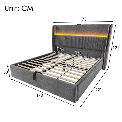 Cama com armazenamento,cama de casal de linho 160x200cm com luz led,cinza