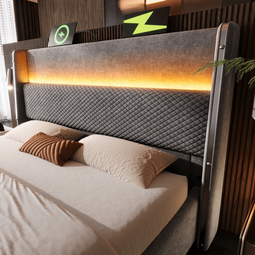 Cama com armazenamento,cama de casal de linho 160x200cm com luz led,cinza
