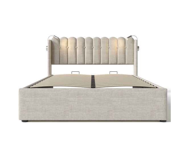 Cama tapizada 140x200 - leselicht, con carga y almacenamiento, estructura de lino - natural