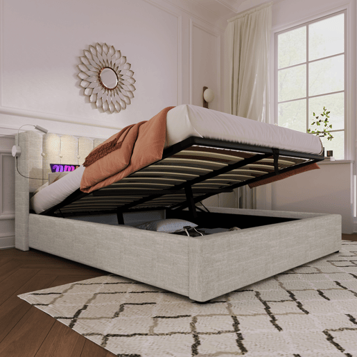 Cama estofada 140x200 - Leselicht, com gaveta e arrumação, estrutura em linho - Natural