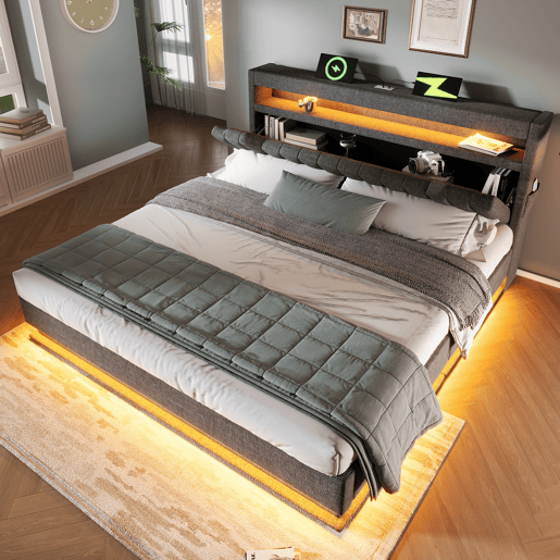 Cama estofada 140x200 cm - Cabeceira com arrumação, portas USB e Type-C, iluminação LED, com arrumação hidráulica - Cinza