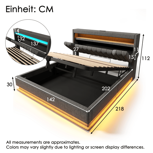 Cama estofada 140x200 cm - Cabeceira com arrumação, portas USB e Type-C, iluminação LED, com arrumação hidráulica - Cinza