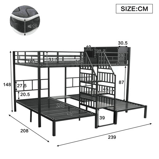 Beliche tripla de metal 140x200(90x200)cm,preto