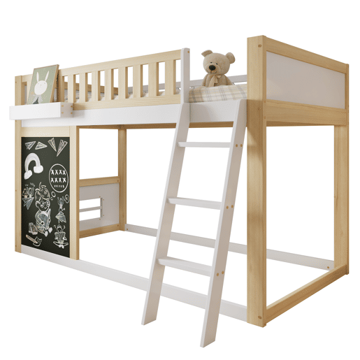 Cama alta,cama de criança de madeira de pinho 90x200cm,natural+branco