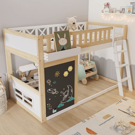 Cama alta,cama de criança de madeira de pinho 90x200cm,natural+branco