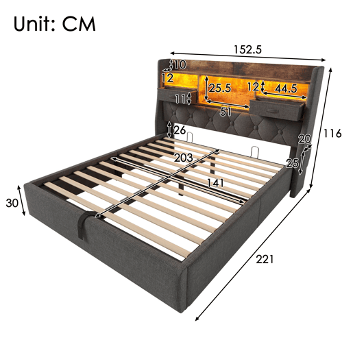 Cama de casal de linho 140x200cm com luz led,cinza