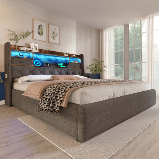 Cama de casal de linho 140x200cm com luz led,cinza