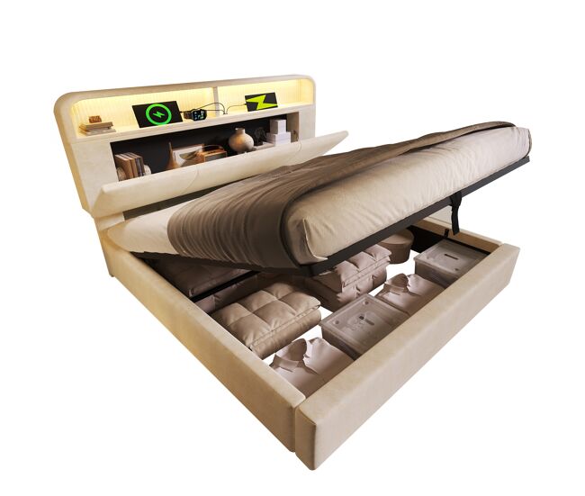 Cama con almacenaje,cama de matrimonio de terciopelo 180x200cm con luz led,beige