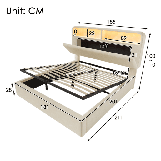 Cama com armazenamento,cama de casal de veludo 180x200cm com luz led,bege