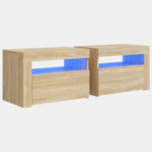 Lote de 2 Mesas De Cabeceira - Mesinhas De Cabeceira c luzes LED 60x35x40 cm carvalho sonoma