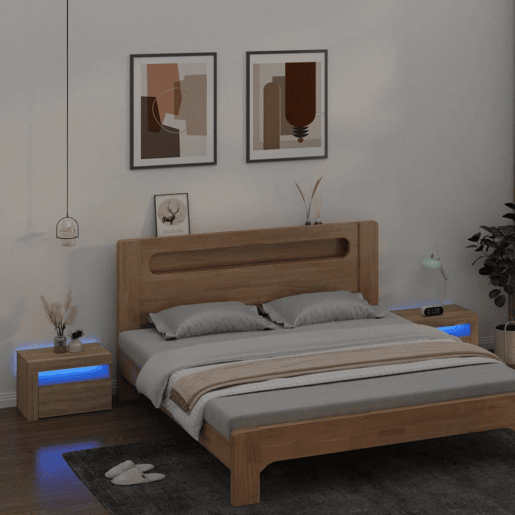 Lote de 2 Mesas De Cabeceira - Mesinhas De Cabeceira c luzes LED 60x35x40 cm carvalho sonoma