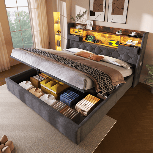 Cama de casal de linho 160x200cm com luz led,cinza
