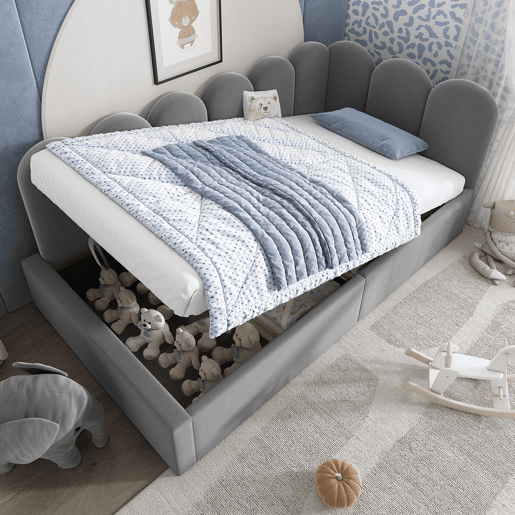 Cama com armazenamento,cama de criança de veludo 90x200cm,cinza