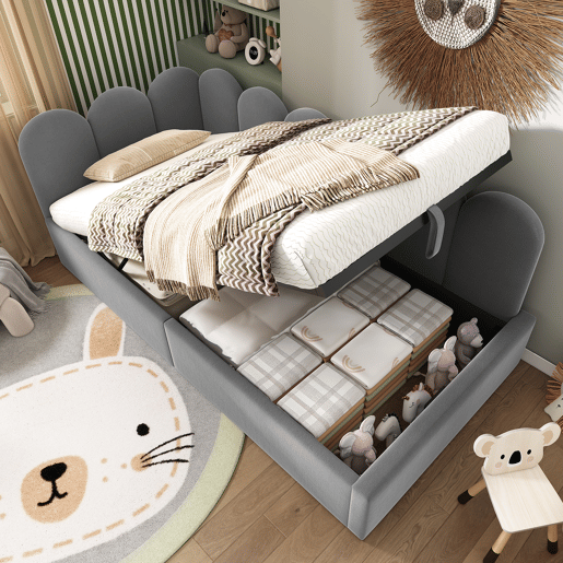 Cama com armazenamento,cama de criança de veludo 90x200cm,cinza
