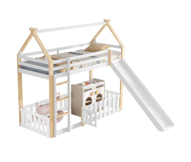 Litera infantil de madera de pino 90x200cm,blanco+natural