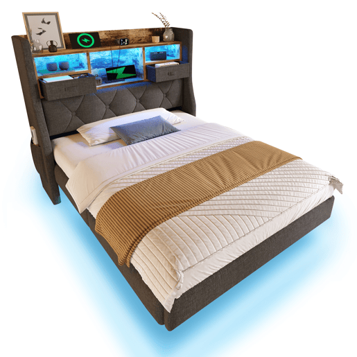 Cama de solteiro de linho 90x200cm com luz led,cinza Cama de solteiro de linho 90x200cm com luz led,cinza