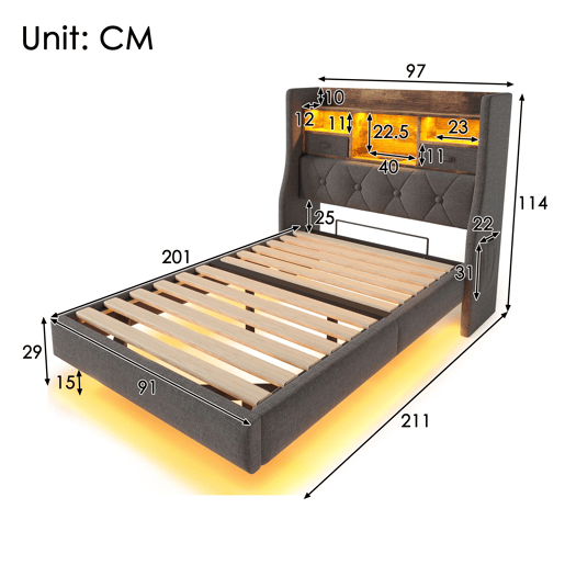 Cama de solteiro de linho 90x200cm com luz led,cinza Cama de solteiro de linho 90x200cm com luz led,cinza