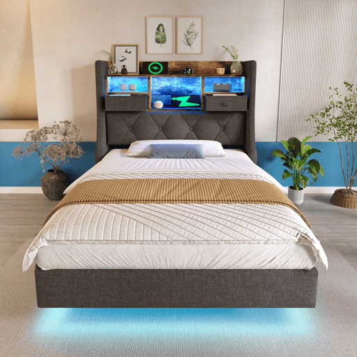 Cama de solteiro de linho 90x200cm com luz led,cinza Cama de solteiro de linho 90x200cm com luz led,cinza