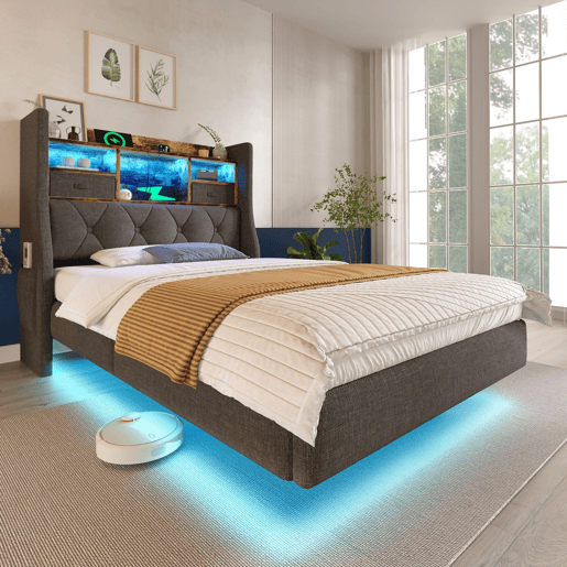 Cama de solteiro de linho 90x200cm com luz led,cinza Cama de solteiro de linho 90x200cm com luz led,cinza