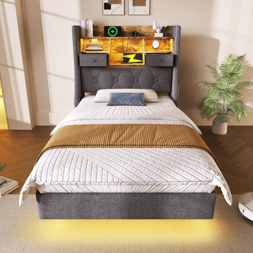 Cama de solteiro de linho 90x200cm com luz led,cinza Cama de solteiro de linho 90x200cm com luz led,cinza