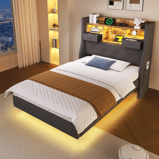 Cama de solteiro de linho 90x200cm com luz led,cinza Cama de solteiro de linho 90x200cm com luz led,cinza