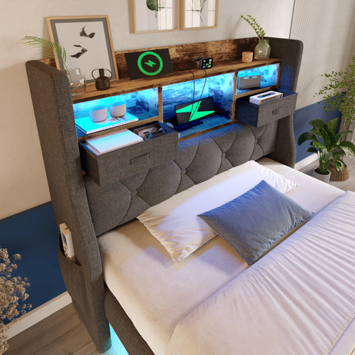 Cama de solteiro de linho 90x200cm com luz led,cinza Cama de solteiro de linho 90x200cm com luz led,cinza