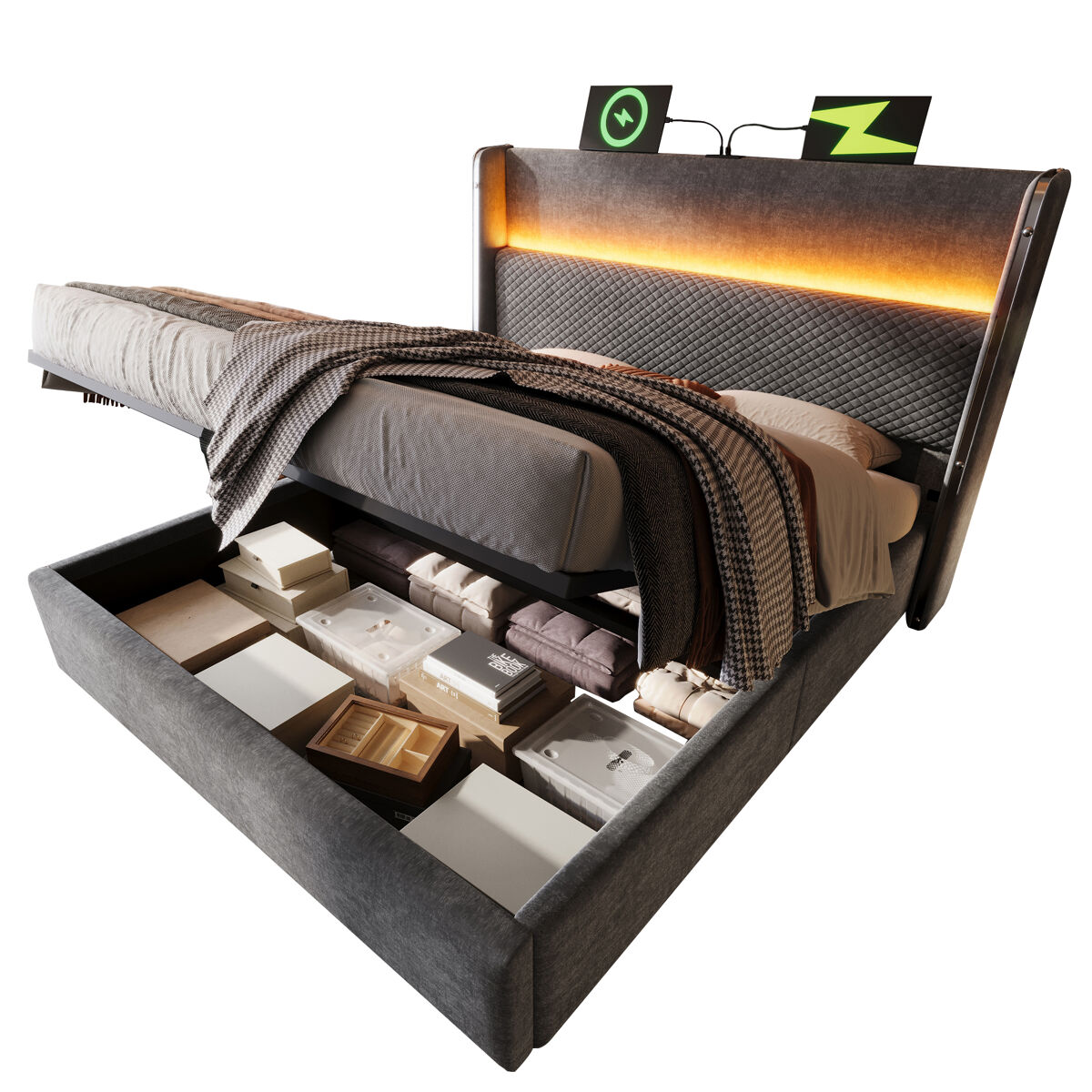 Cama con almacenaje,cama de matrimonio de lino 140x200cm con luz led,gris