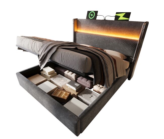 Cama con almacenaje,cama de matrimonio de lino 140x200cm con luz led,gris