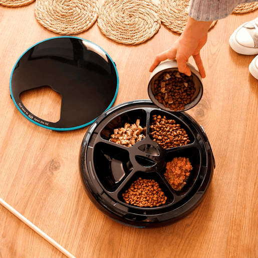 Cecotec Dispensador automático de alimentos para animais de estimação com 4 secções independentes, capacidade de 1,6 l, ecrã LED, temporizador e gravador de voz.