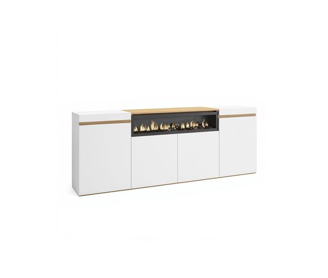 Aparador de 4 puertas con chimenea integrada en blanco y roble arena 203 cm kavos blanco - roble arena 203 x 75 x 34,6 cm