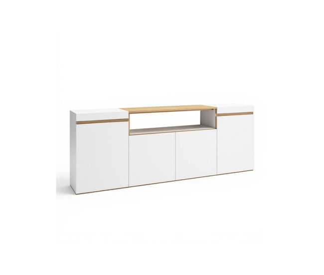 Aparador de 4 puertas y 1 estante versátil en blanco y roble arena 203 cm kavos blanco - roble arena 203 x 75 x 34,6 cm