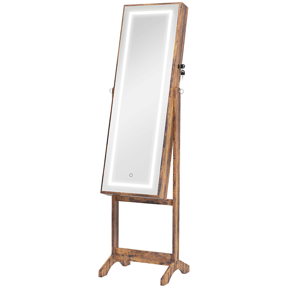 Homcom espejo joyero con luces led, armario para joyas, armario joyero de pie con espejo entero, inclinado en 3 ángulos, cierre magnético, cerradura con 2 llaves, marrón rústico y forro negro