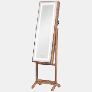 HOMCOM Espelho com Armário para Joias com Luzes LED, Armário de Pé com Espelho de Corpo Inteiro, Inclinável em 3 Ângulos, Fecho Magnético e Chave com 2 Fechaduras, Castanho Rústico com Forro Preto