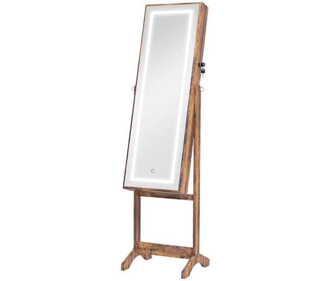 Homcom espejo joyero con luces led, armario para joyas, armario joyero de pie con espejo entero, inclinado en 3 ángulos, cierre magnético, cerradura con 2 llaves, marrón rústico y forro negro