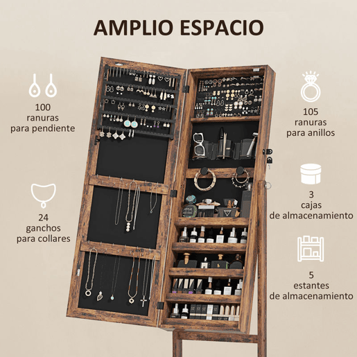 HOMCOM Espelho com Armário para Joias com Luzes LED, Armário de Pé com Espelho de Corpo Inteiro, Inclinável em 3 Ângulos, Fecho Magnético e Chave com 2 Fechaduras, Castanho Rústico com Forro Preto