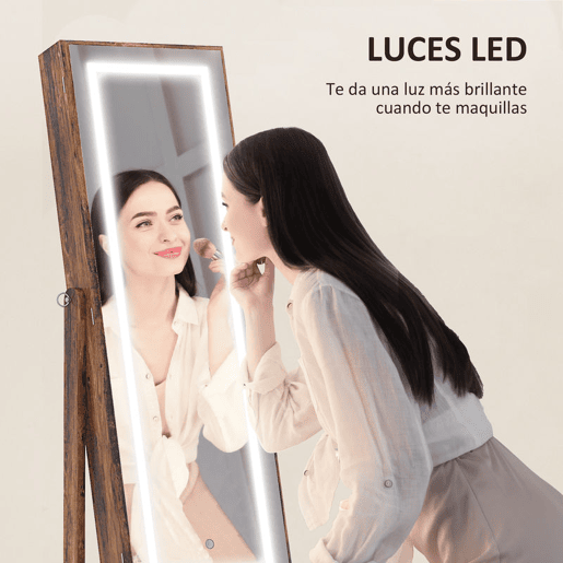 HOMCOM Espelho com Armário para Joias com Luzes LED, Armário de Pé com Espelho de Corpo Inteiro, Inclinável em 3 Ângulos, Fecho Magnético e Chave com 2 Fechaduras, Castanho Rústico com Forro Preto