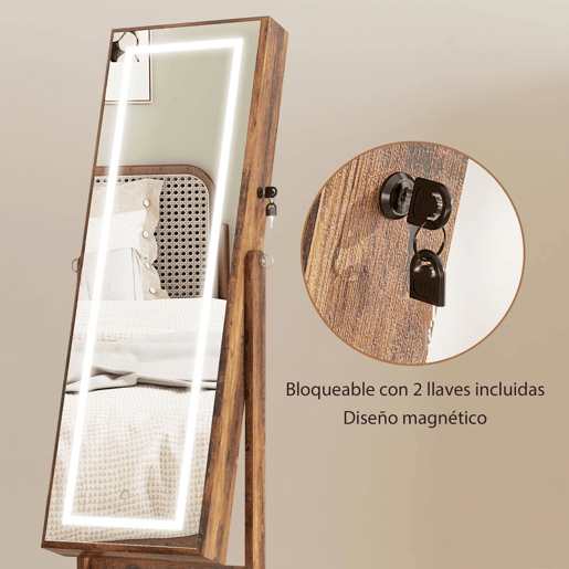 HOMCOM Espelho com Armário para Joias com Luzes LED, Armário de Pé com Espelho de Corpo Inteiro, Inclinável em 3 Ângulos, Fecho Magnético e Chave com 2 Fechaduras, Castanho Rústico com Forro Preto